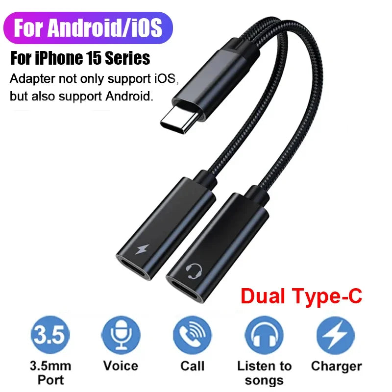 USB Type C Splitter for iPhones 15 USB C or Samsung S23 Ultra