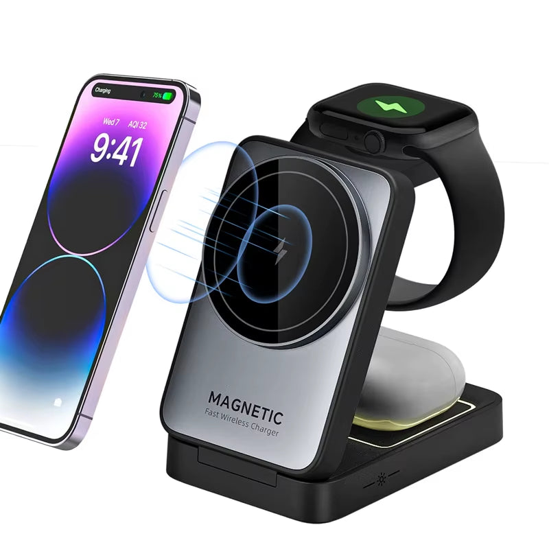 3 in 1 Magnetic Wireless Charger Stand for Magsafe Iphone 15 14 13 12 Apple Watch 2-8 Airpods Pro Foldable Fast Charging Station