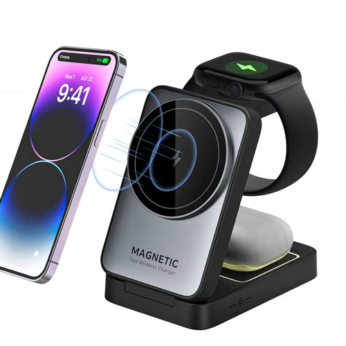 3 in 1 Magnetic Wireless Charger Stand for Magsafe Iphone 15 14 13 12 Apple Watch 2-8 Airpods Pro Foldable Fast Charging Station