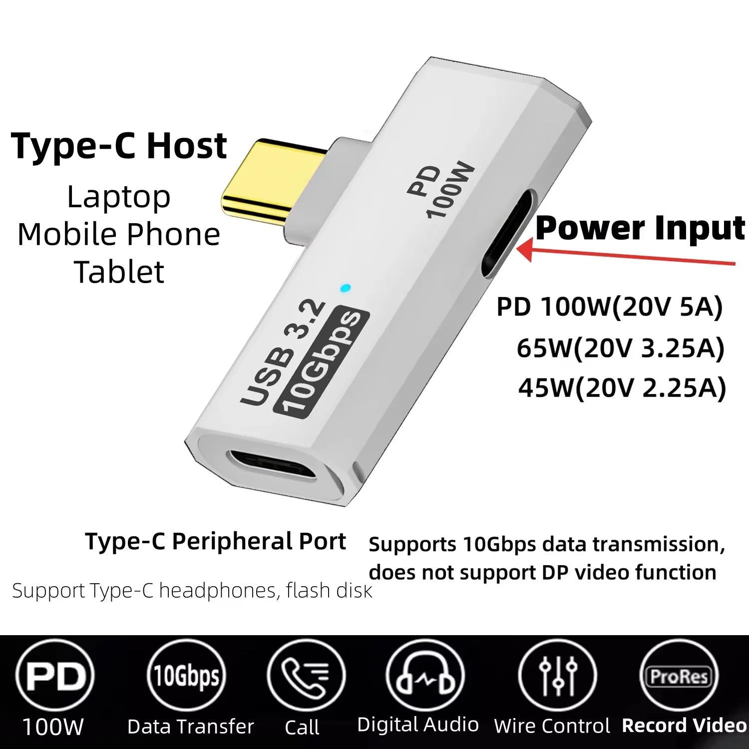 USB C to Dual Type-C Adapter 2-In-1 Splitter with 10Gbps Data & Hifi Headphone, 100W PD Charging for Macbook Laptop Phone Tablet