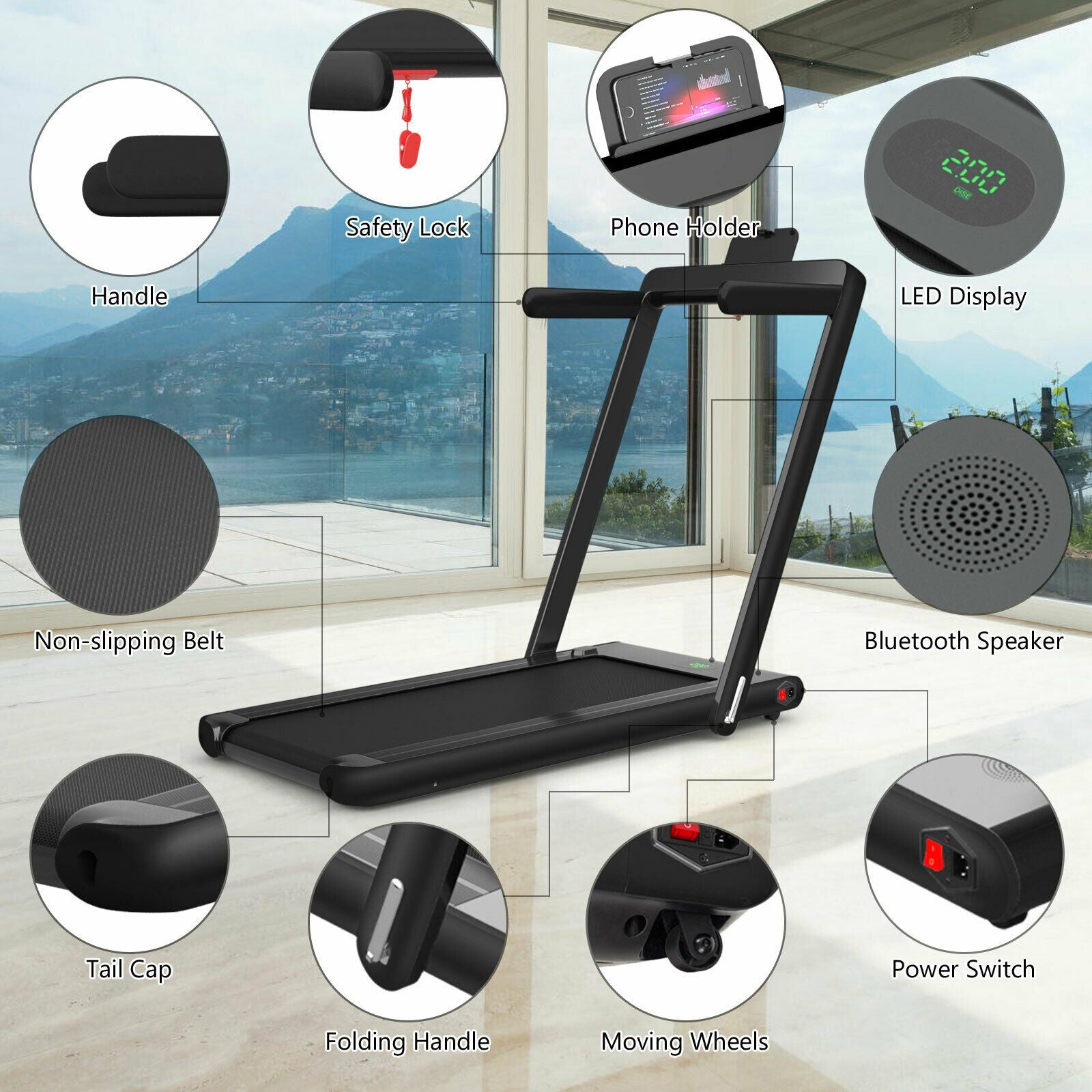 1-12Kph Folding Electric Treadmill with Bluetooth Capability