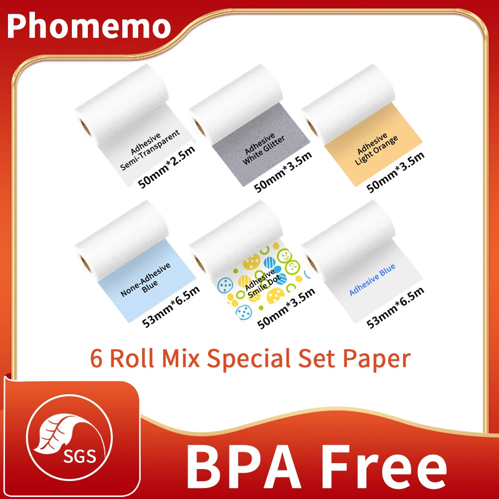 M02/M02Pro Thermal Sticker Paper Sticky Colorful Label Sticker Self-Adhesive Label Rolls Width 50/53Mm Phomemo Thermal Papers