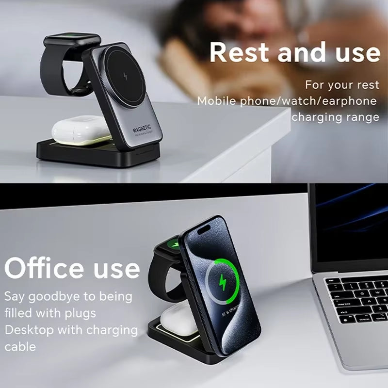 3 in 1 Magnetic Wireless Charger Stand for Magsafe Iphone 15 14 13 12 Apple Watch 2-8 Airpods Pro Foldable Fast Charging Station
