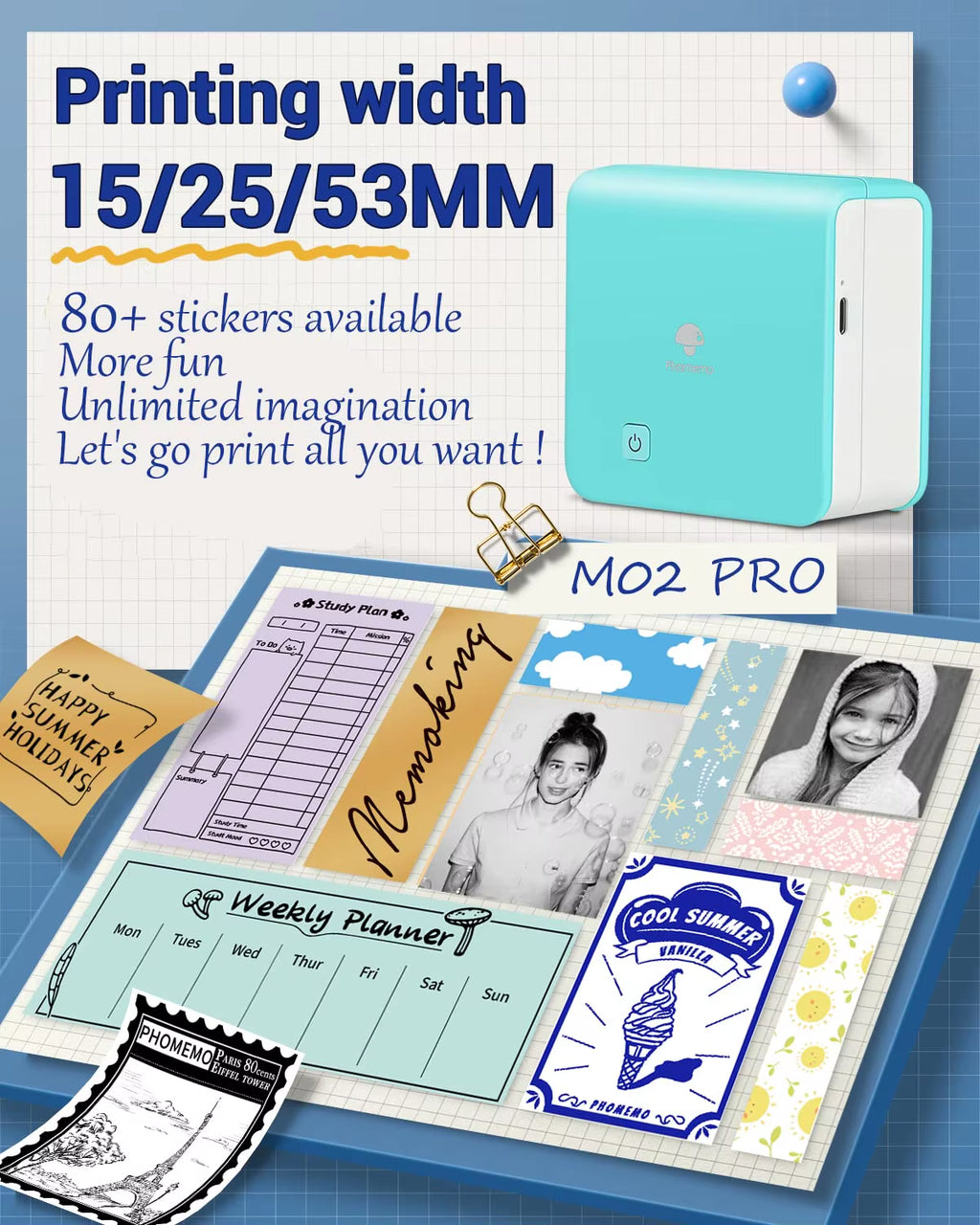 Phomemo M02Pro Mini Portable Thermal Printer Wireless Photo Labeler 300Dpi Inkless Printing 15/25/50/53Mm for Easy Labeling