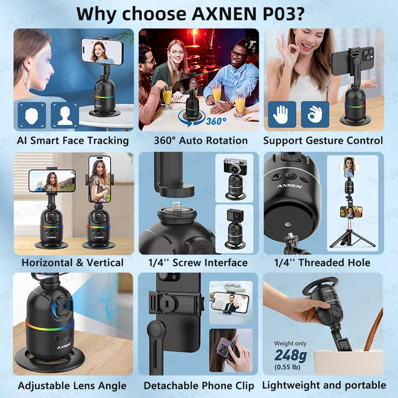 AI P03 Smart Gimbal 360 Auto Face Tracking All-In-One Rotation for Smartphone / Cameras / Action Cam Video Vlog Recording