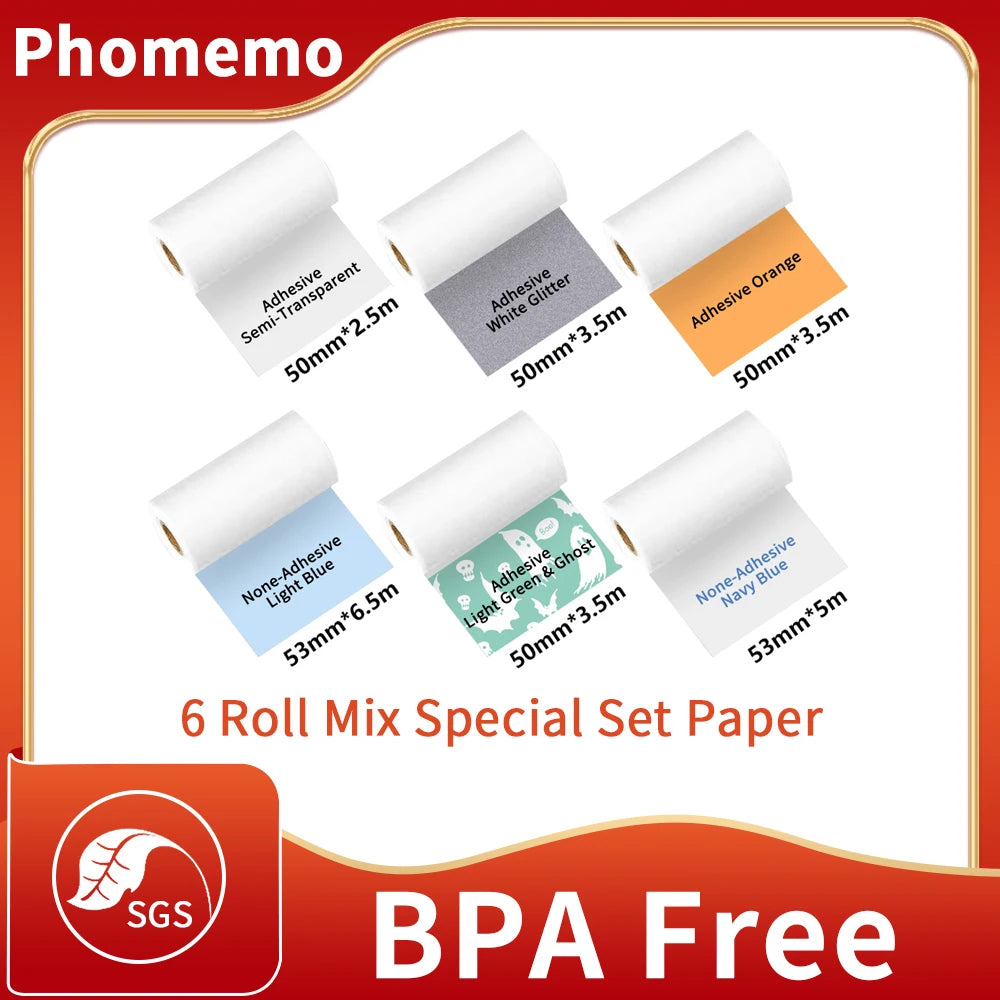 M02/M02Pro Thermal Sticker Paper Sticky Colorful Label Sticker Self-Adhesive Label Rolls Width 50/53Mm Phomemo Thermal Papers