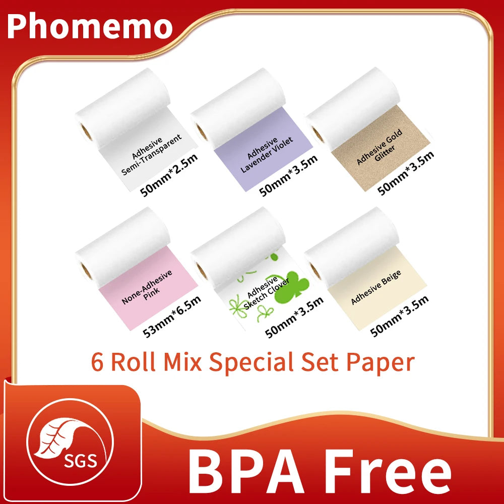 M02/M02Pro Thermal Sticker Paper Sticky Colorful Label Sticker Self-Adhesive Label Rolls Width 50/53Mm Phomemo Thermal Papers
