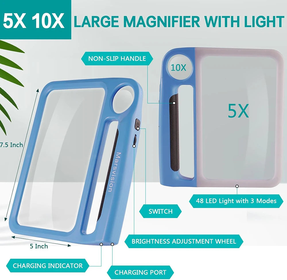 5X 10X Full Page Reading Magnifier with Illumination Handheld Magnifier for Elderly Reading Low Vision Magnifier