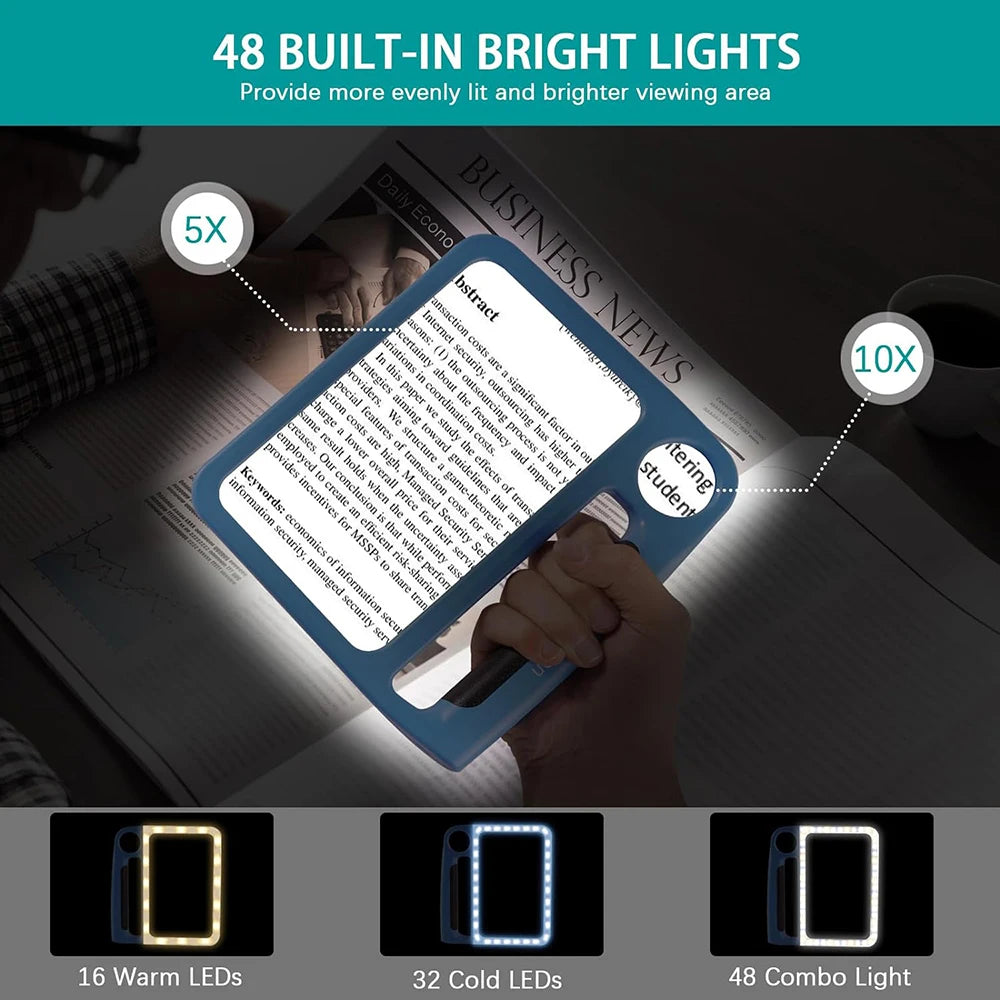 5X 10X Full Page Reading Magnifier with Illumination Handheld Magnifier for Elderly Reading Low Vision Magnifier
