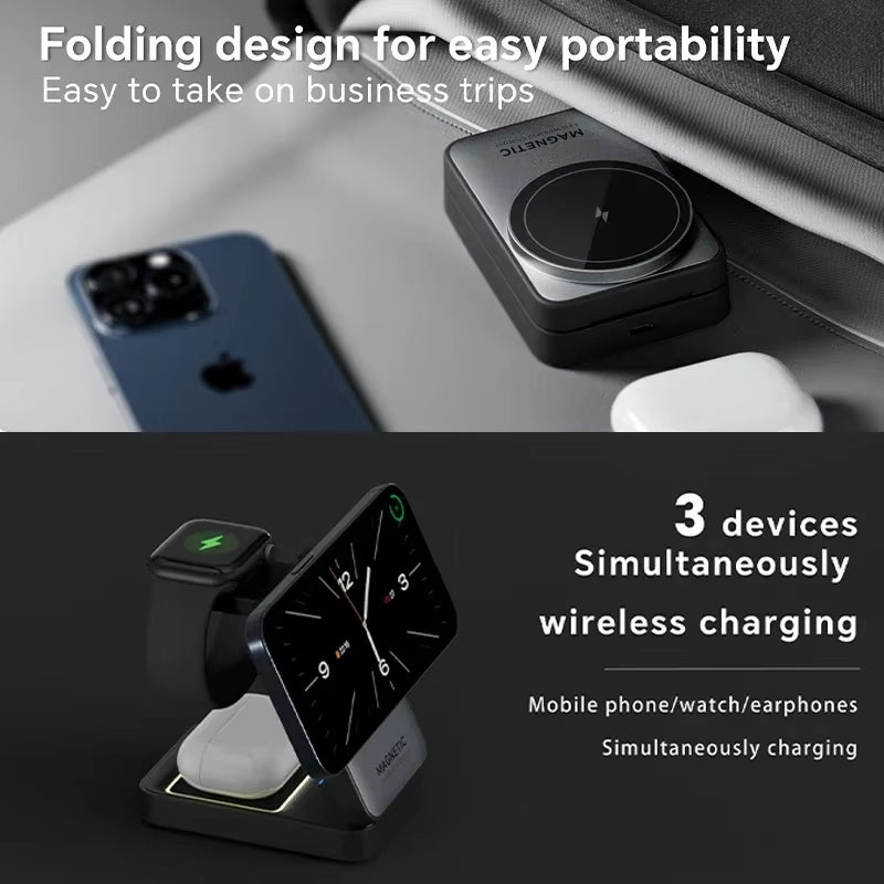 3 in 1 Magnetic Wireless Charger Stand for Magsafe Iphone 15 14 13 12 Apple Watch 2-8 Airpods Pro Foldable Fast Charging Station