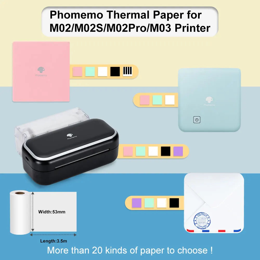 M02/M02Pro Thermal Sticker Paper Sticky Colorful Label Sticker Self-Adhesive Label Rolls Width 50/53Mm Phomemo Thermal Papers