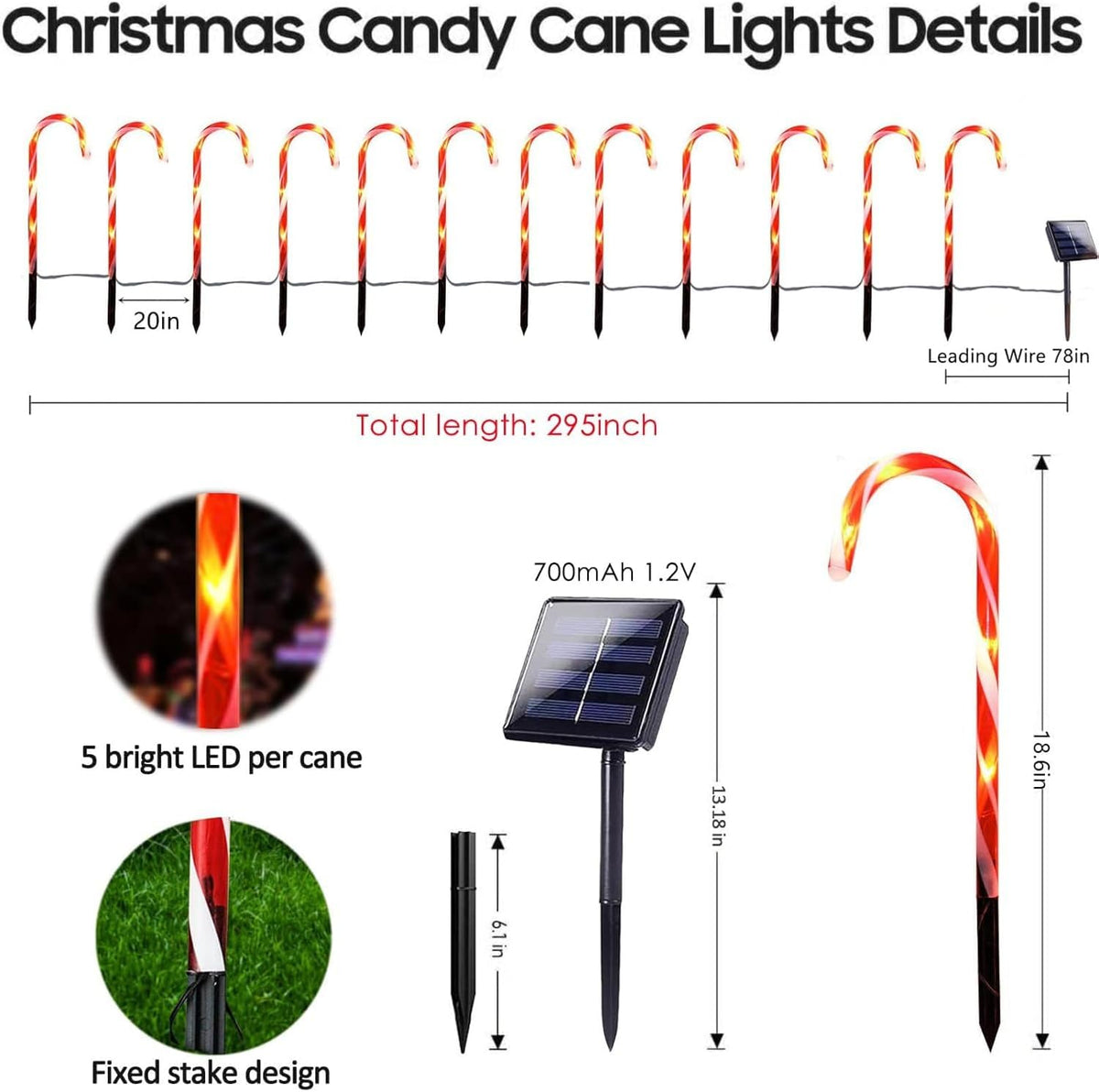 Upgraded 24 Pack Solar Candy Cane Lights Outdoor, Solar Christmas Lights Outdoor Waterproof with 8 Modes, Xmas Pathway Candy Cane Christmas Decorations outside for Garden Lawn Yard Party
